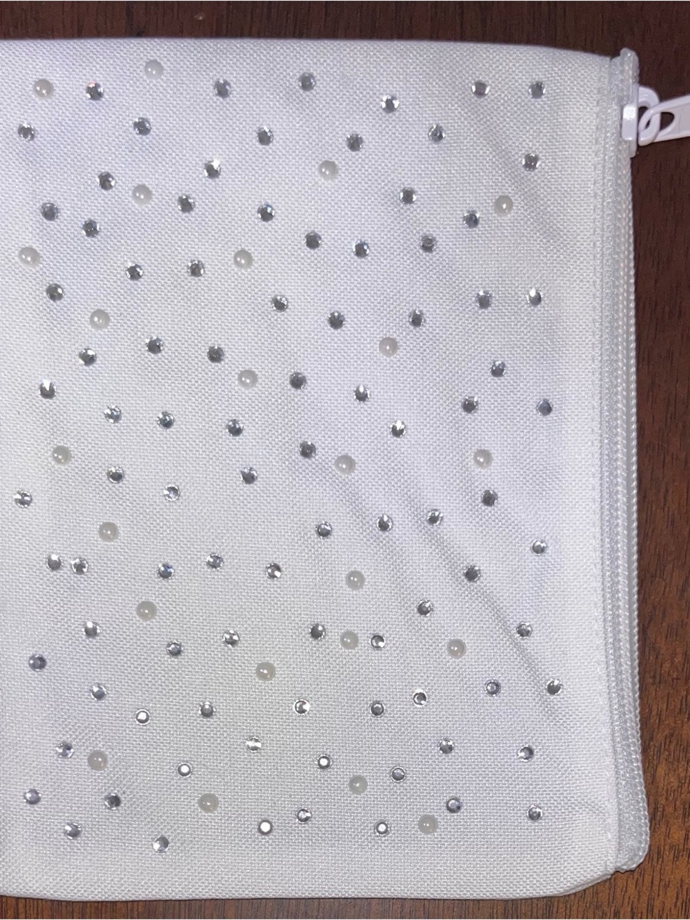 White Rhinestone&Pearl Embellished Zip Pouch